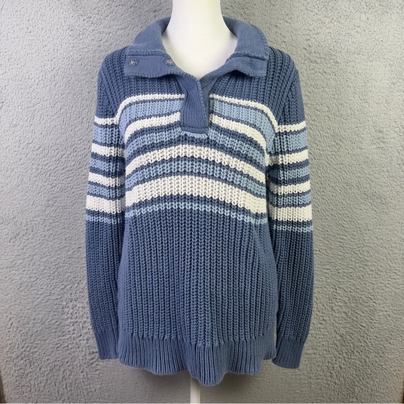 L.L. Bean Sweaters - LL Bean Sweater Womens Medium Blue Striped 1/4 Snap Mock Neck Chunky Knit Cotton